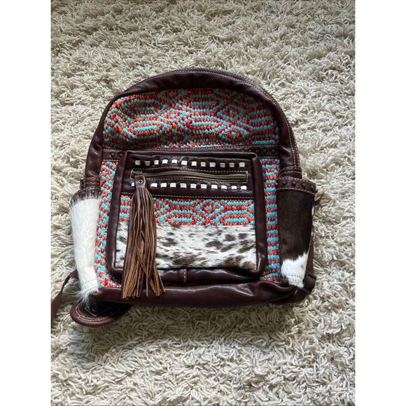 NWT Myra Bag Leather Canvas Fur Cosy Backpack Western Boho Aztec - Picture 1 of 15